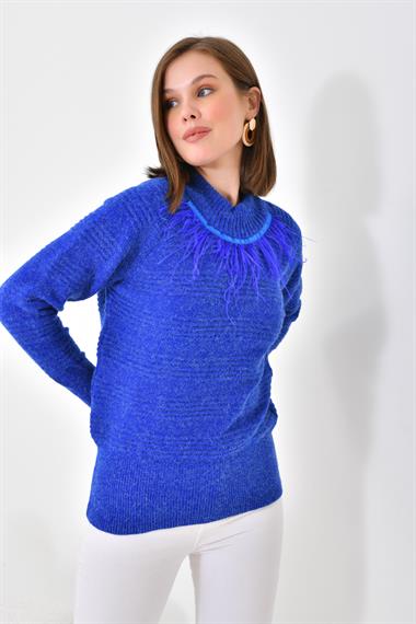 FTZ Women Kadın Tüy Detaylı Kazak  Saks Mavi 20516