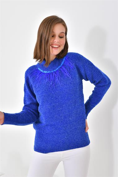 FTZ Women Kadın Tüy Detaylı Kazak  Saks Mavi 20516