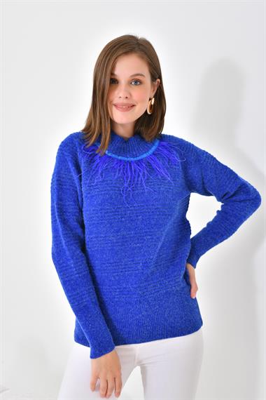 FTZ Women Kadın Tüy Detaylı Kazak  Saks Mavi 20516