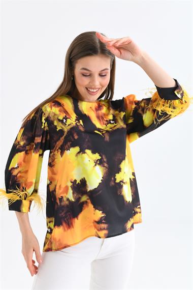 FTZ Women Kadın Tüylü Saten Bluz  Sarı 30447