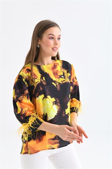 FTZ Women Kadın Tüylü Saten Bluz  Sarı 30447