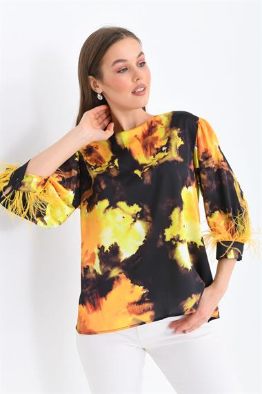 FTZ Women Kadın Tüylü Saten Bluz  Sarı 30447