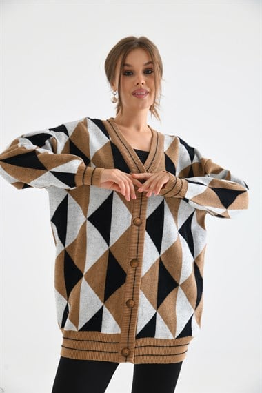 FTZ Women Kadın Üçgen Desen Hırka  Bisküvi 21-6357