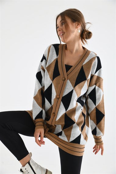 FTZ Women Kadın Üçgen Desen Hırka  Bisküvi 21-6357