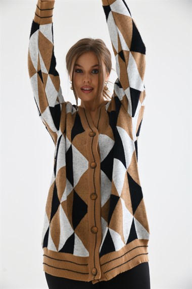 FTZ Women Kadın Üçgen Desen Hırka  Bisküvi 21-6357