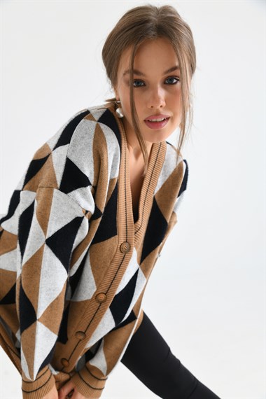 FTZ Women Kadın Üçgen Desen Hırka  Bisküvi 21-6357