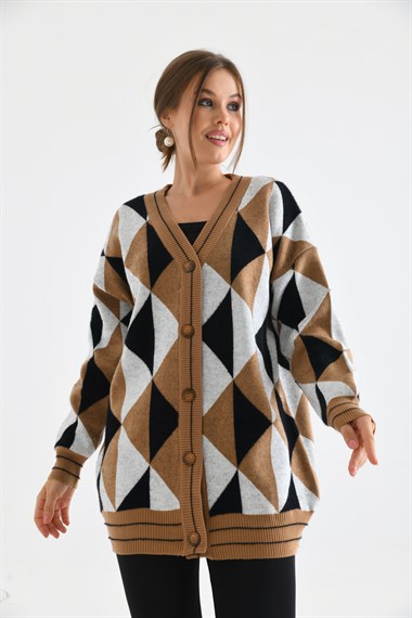 FTZ Women Kadın Üçgen Desen Hırka  Bisküvi 21-6357