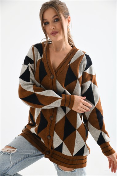 FTZ Women Kadın Üçgen Desen Hırka  Taba 21-6357