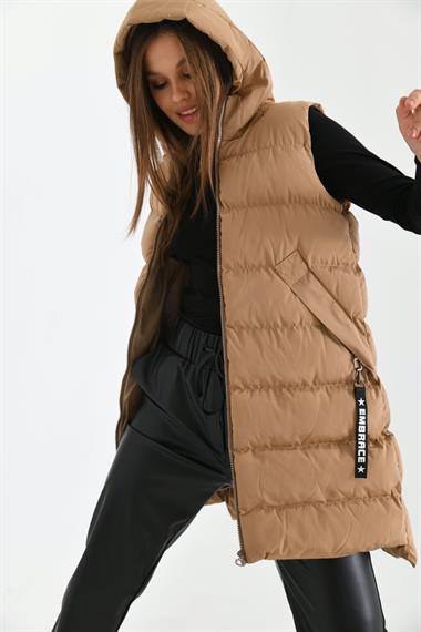 FTZ Women Kadın Uzun Şişme Yelek  Camel RBN2031