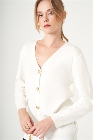 FTZ Women Kadın V Yaka Hırka  Ekru 25328