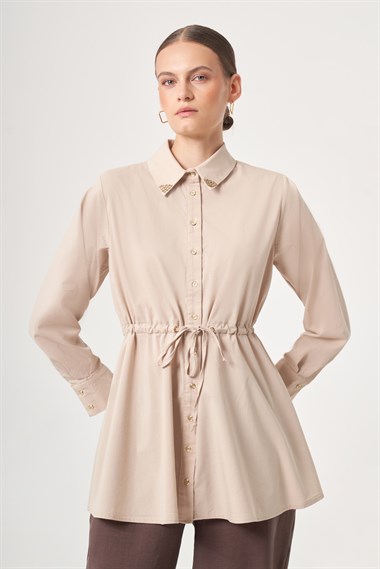 FTZ Women Kadın Yaka Trok Poplin Gömlek  Beige 31444