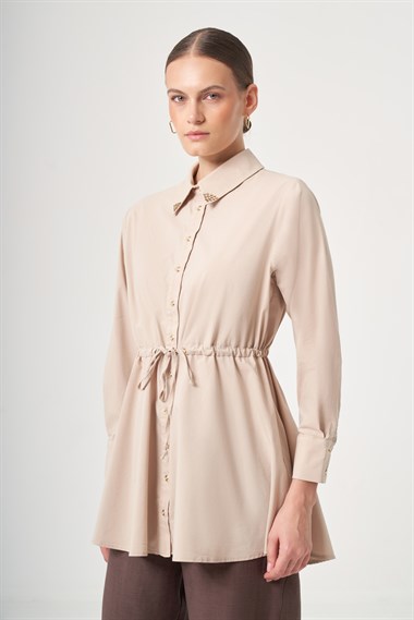 FTZ Women Kadın Yaka Trok Poplin Gömlek  Beige 31444