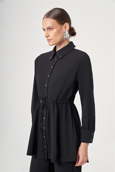 FTZ Women Kadın Yaka Trok Poplin Gömlek  Siyah 31444