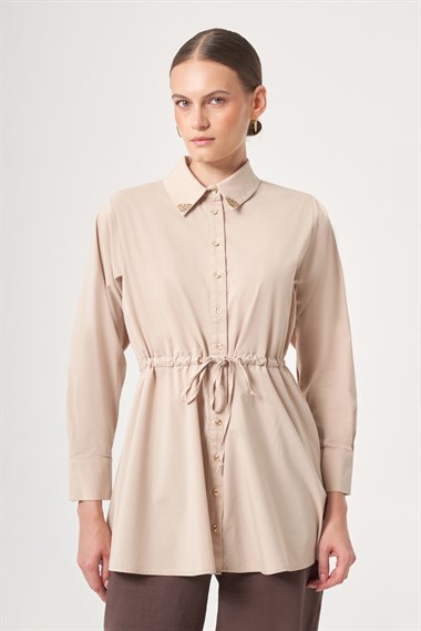 FTZ Women Kadın Yaka Trok Poplin Gömlek  Beige 31444