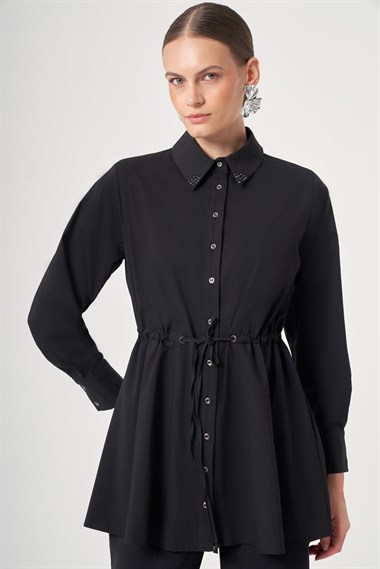 FTZ Women Kadın Yaka Trok Poplin Gömlek  Siyah 31444
