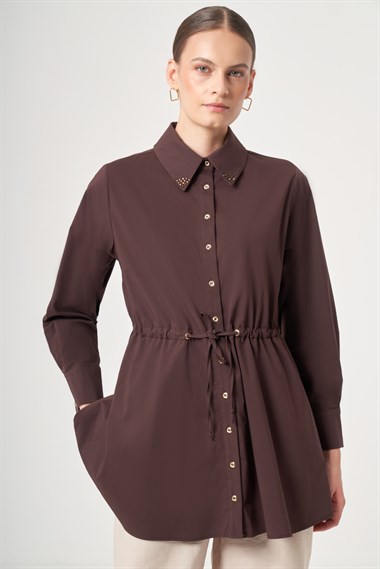 FTZ Women Kadın Yaka Trok Poplin Gömlek  Kahve 31444