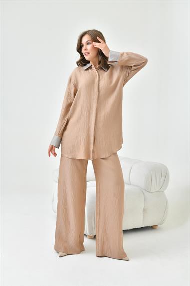 FTZ Women Kadın Yakası Ve Kolu Taşlı Takım  Camel 30781