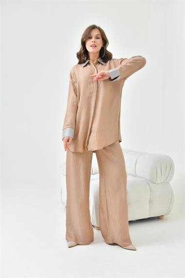 FTZ Women Kadın Yakası Ve Kolu Taşlı Takım  Camel 30781