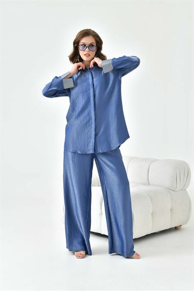 FTZ Women Kadın Yakası Ve Kolu Taşlı Takım  Lacivert 30781