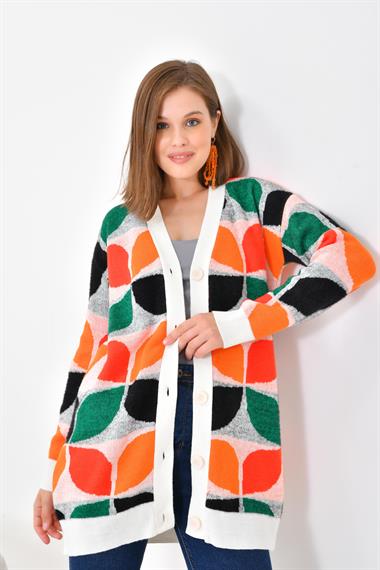 FTZ Women Kadın Yaprak Desenli Düğmeli Hırka  Ekru 20497