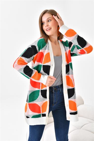 FTZ Women Kadın Yaprak Desenli Düğmeli Hırka  Ekru 20497