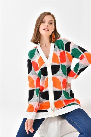 FTZ Women Kadın Yaprak Desenli Düğmeli Hırka  Ekru 20497