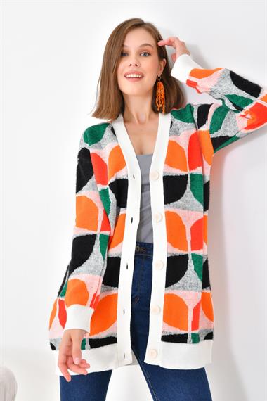 FTZ Women Kadın Yaprak Desenli Düğmeli Hırka  Ekru 20497