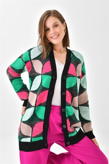 FTZ Women Kadın Yaprak Desenli Düğmeli Hırka  Siyah 20497