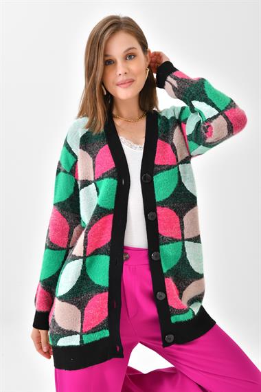 FTZ Women Kadın Yaprak Desenli Düğmeli Hırka  Siyah 20497