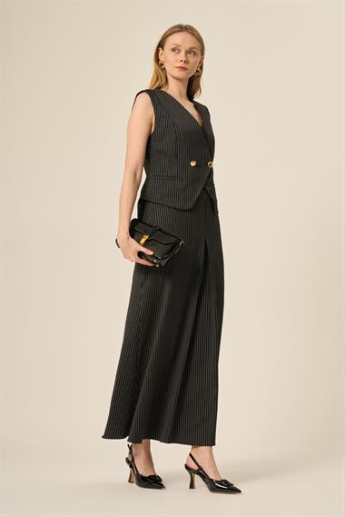 FTZ Women Kadın Yelek Etek Çizgili Takım  Siyah 31147