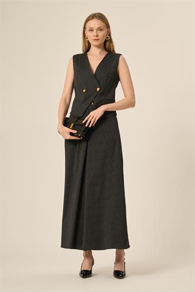 FTZ Women Kadın Yelek Etek Çizgili Takım  Siyah 31147