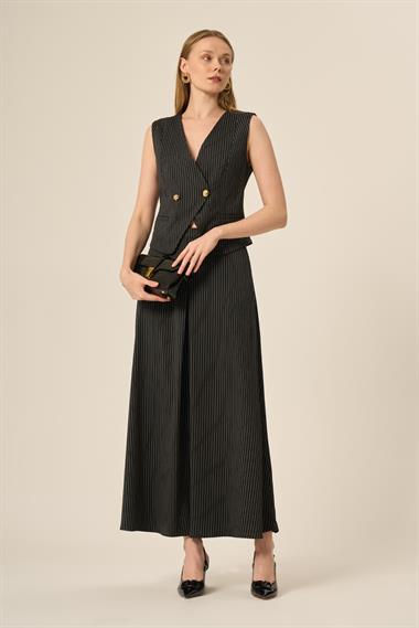 FTZ Women Kadın Yelek Etek Çizgili Takım  Siyah 31147