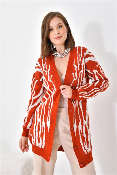 FTZ Women Kadın Zebra Desen Düğme Detaylı Hırka  Kiremit 20488