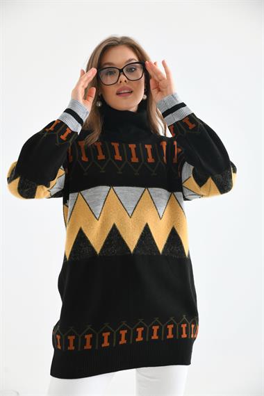 FTZ Women Kadın Zigzag Desen Sakallı Kazak  Siyah 21-6294