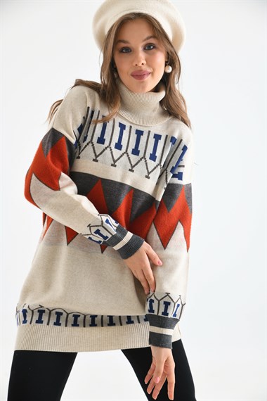 FTZ Women Kadın Zigzag Desen Sakallı Kazak  Taş 21-6294