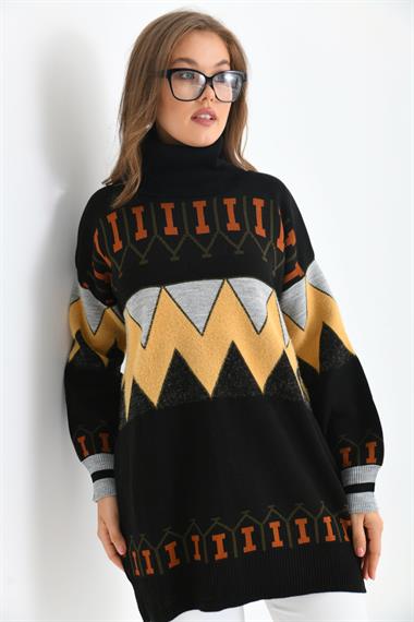 FTZ Women Kadın Zigzag Desen Sakallı Kazak  Siyah 21-6294