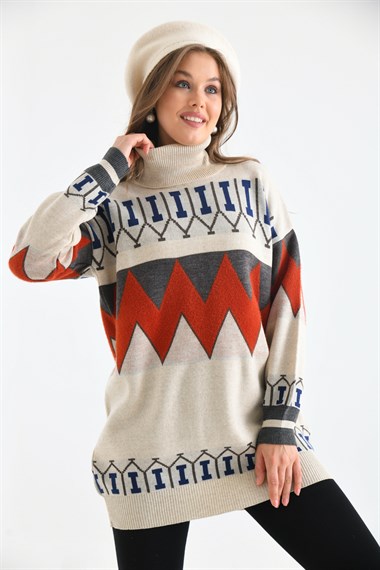 FTZ Women Kadın Zigzag Desen Sakallı Kazak  Taş 21-6294