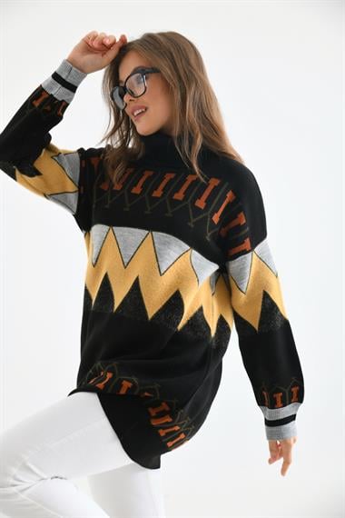 FTZ Women Kadın Zigzag Desen Sakallı Kazak  Siyah 21-6294