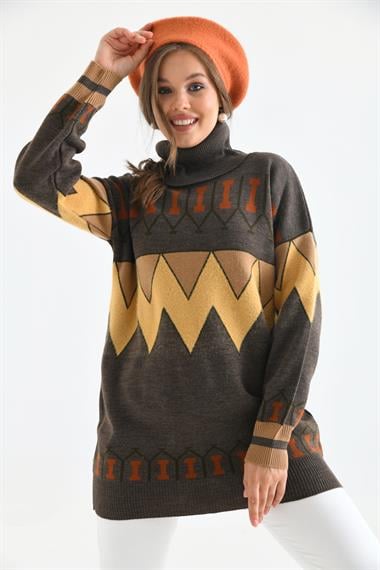 FTZ Women Kadın Zigzag Desen Sakallı Kazak  Kahve 21-6294