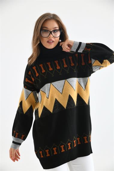 FTZ Women Kadın Zigzag Desen Sakallı Kazak  Siyah 21-6294