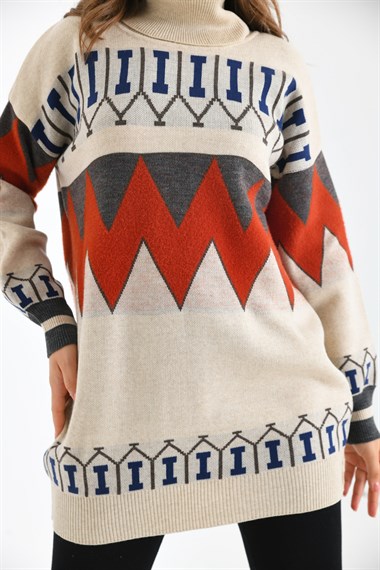 FTZ Women Kadın Zigzag Desen Sakallı Kazak  Taş 21-6294