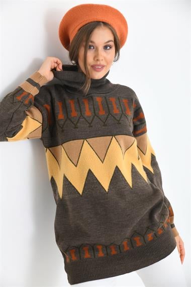 FTZ Women Kadın Zigzag Desen Sakallı Kazak  Kahve 21-6294