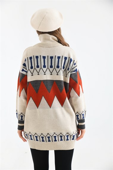 FTZ Women Kadın Zigzag Desen Sakallı Kazak  Taş 21-6294