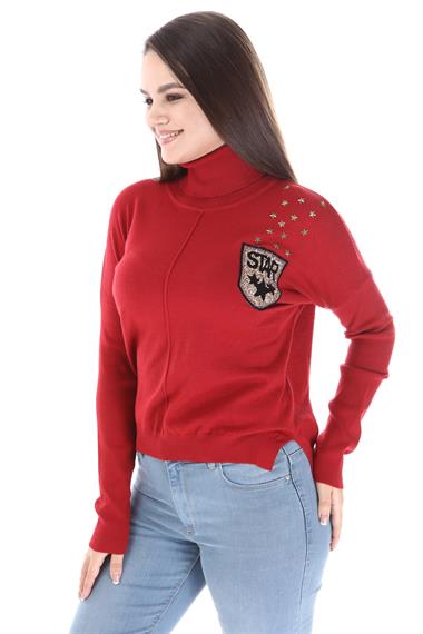 FTZ Women Kadın Zımba Taş Detay Triko  Kırmızı 21-1305