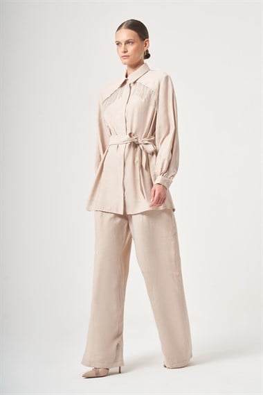 FTZ Women Kadın Zincir Detay Pantolonlu Takım  Beige 31451