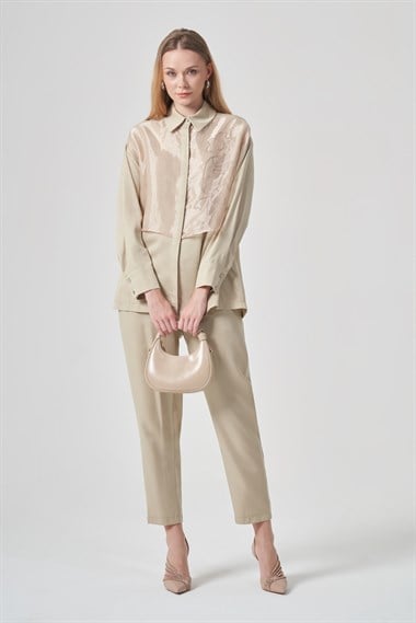FTZ Women Kadın Zincir İşlemeli Organze Detay Takım  Beige 31397