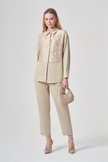 FTZ Women Kadın Zincir İşlemeli Organze Detay Takım  Beige 31397