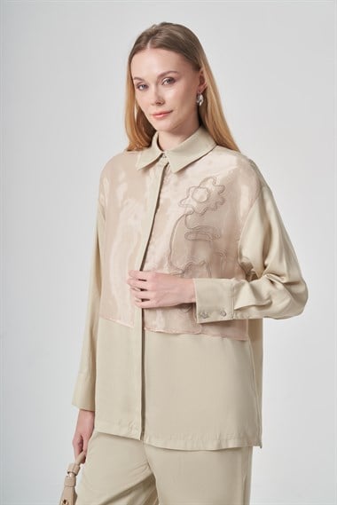 FTZ Women Kadın Zincir İşlemeli Organze Detay Takım  Beige 31397