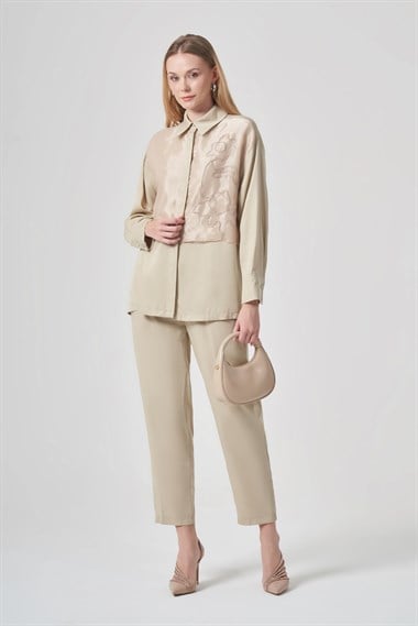 FTZ Women Kadın Zincir İşlemeli Organze Detay Takım  Beige 31397