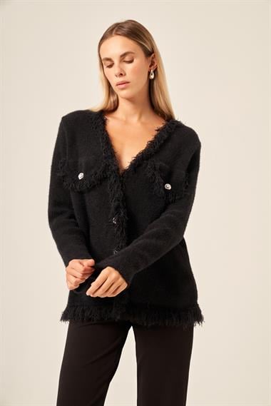 FTZ Women Kadın Püskül Detaylı Hırka  Siyah 25198